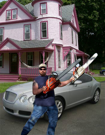 1993 Ford Bronco - A man poses with two chainsaws in front of a silver coupe and a pink Victorian house.