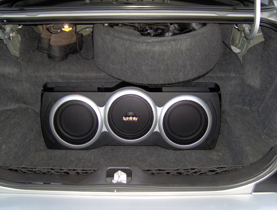 Car trunk interior showing a triple subwoofer enclosure and a spare tire. Boots are visible in the upper left