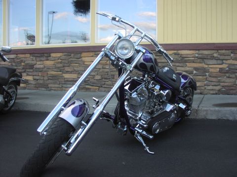1979 Ford Bronco - A custom motorcycle with purple flame graphics is parked next to another motorcycle outside a building.