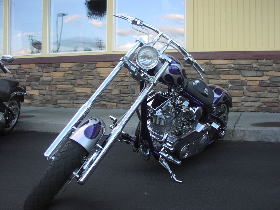 Purple and silver custom motorcycle with flame graphics, chrome accents, and extended front forks