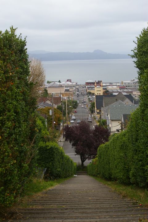 1998 Jeep TJ - A steep street descends through a residential area towards a coastal town and the ocean.