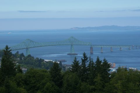 1998 Jeep TJ - The Astoria-Megler Bridge spans the Columbia River, connecting Oregon and Washington, seen from a forested overlook.