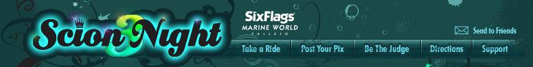 Six Flags Marine World logo with navigation links: Take a Ride, Post Your Pix, Be The Judge, Directions, Support