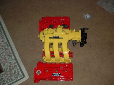 1995 Ford Probe - Painted Ford V6 engine components, including valve covers and intake manifold.
