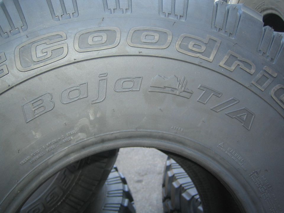 Close-up of BFGoodrich Baja T/A off-road tire sidewall lettering and tread
