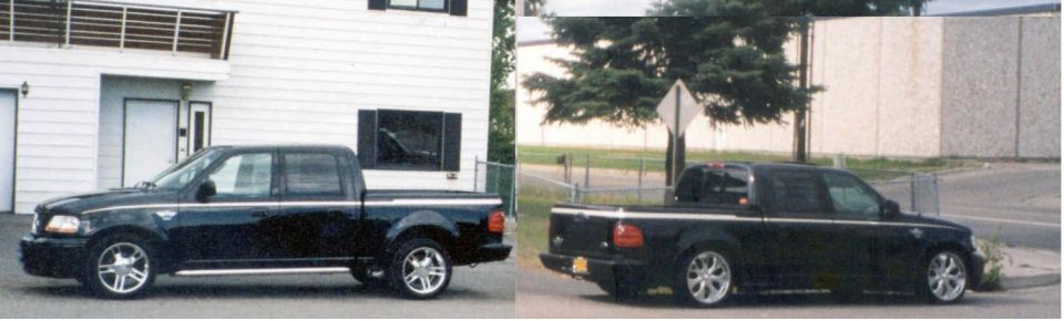 Black four-door Ford F-150 pickup, lowered on chrome wheels, shown from both sides.