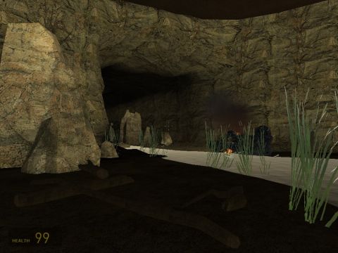 1969 Ford Mustang - A dark cave scene with a small body of water and some rocks.