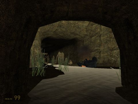 1969 Ford Mustang - A person rests by a fire in a dark cave, with water and vegetation visible.