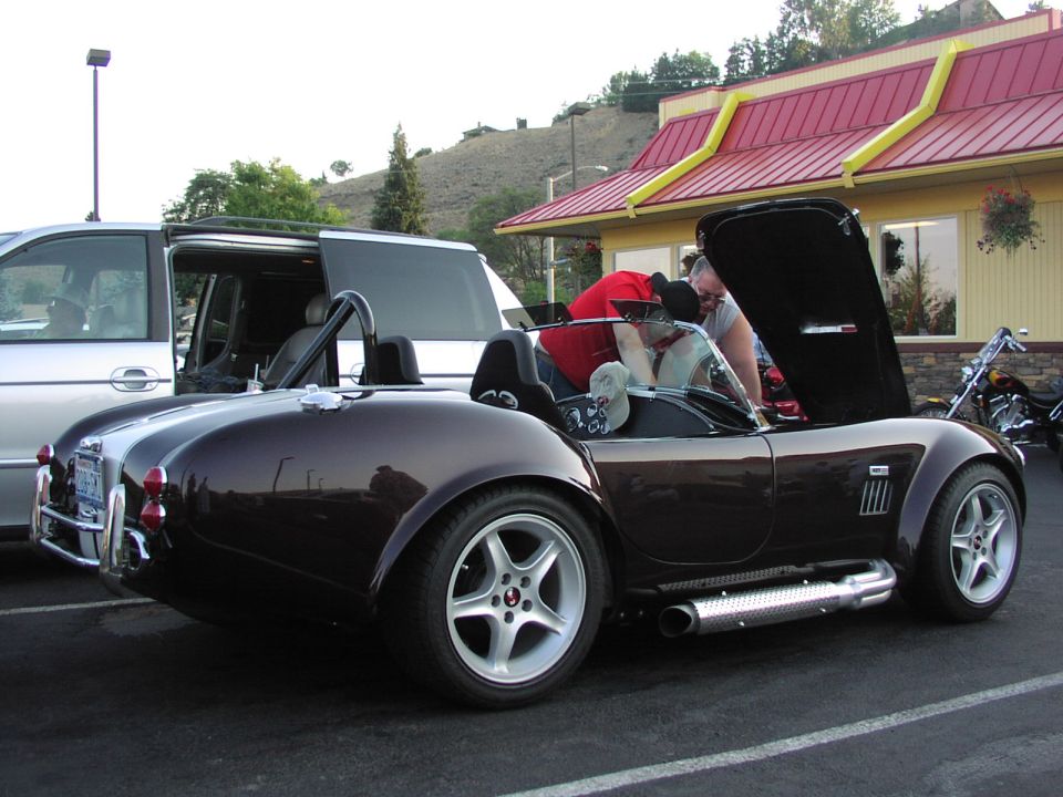 Dark brown convertible sports car with silver racing stripes, hood open, parked next to a silver minivan