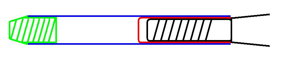 Simple line drawing of a tube/rod with two hatched highlighted sections and color outlines