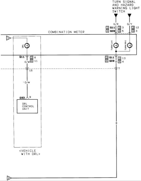1986 Suzuki Samurai - Wiring diagram of the combination meter showing the DRL indicator, turn signal lamps and DRL control unit for vehicles with daytime running…