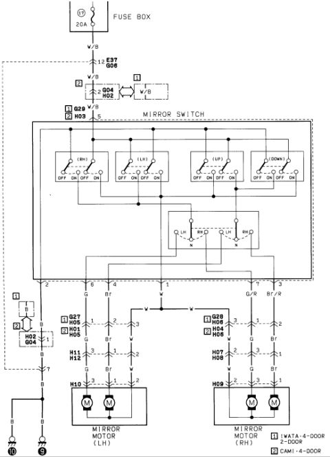 1986 Suzuki Samurai - Wiring diagram of the power mirror circuit showing the mirror switch and the LH and RH mirror motors with color-coded wires.