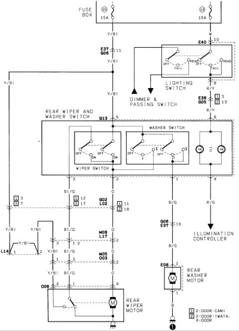 1986 Suzuki Samurai - Rear wiper/washer and dash-illumination wiring schematic: 15A fuses feed rear wiper/washer switch (G13), rear wiper motor (O06) and rear wa…
