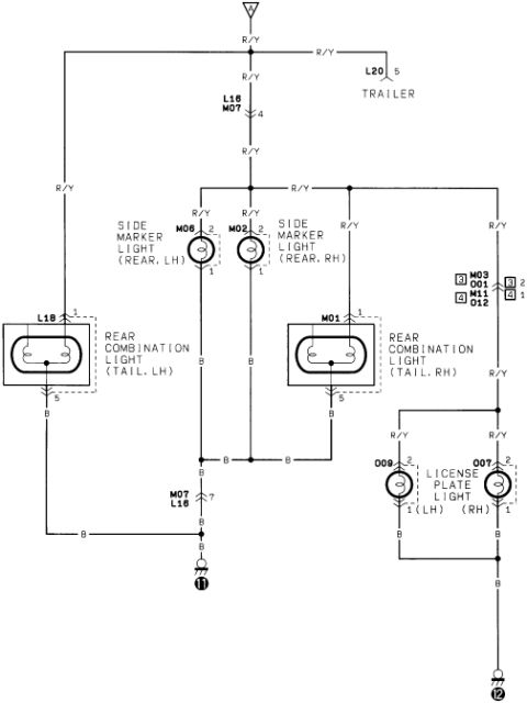 1986 Suzuki Samurai - Wiring diagram of the rear lighting circuit including rear combination, side marker, license plate lights and trailer connector.