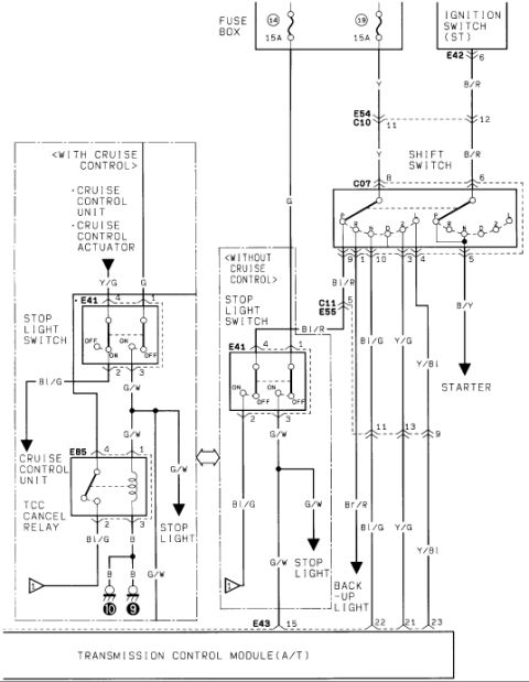 1986 Suzuki Samurai - Wiring diagram of the stop light, cruise control and back-up light circuits tied to the shift switch and transmission control module.