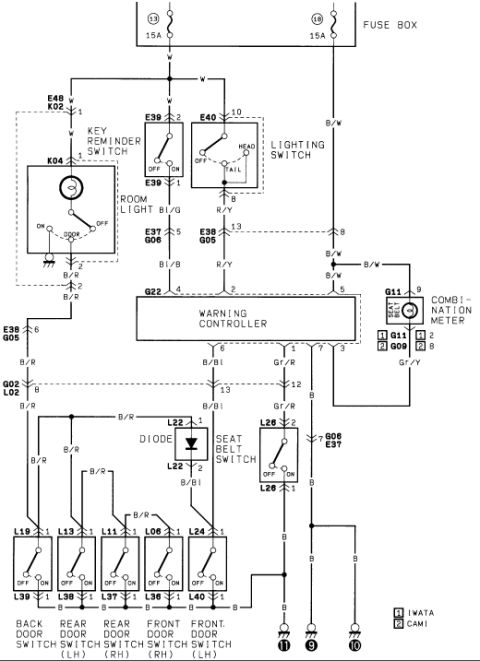 1986 Suzuki Samurai - Warning-system wiring schematic: 15A fuses feed warning controller (G22), key reminder switch, seat-belt switch with diode, and back/front/…