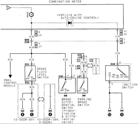 1986 Suzuki Samurai - Wiring diagram of the brake warning circuit showing fluid level, brake differential and parking brake switches with the ignition switch.