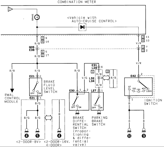 Brake warning wiring diagram with fluid level, differential and parking brake switches