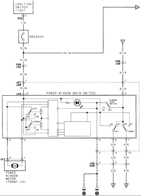 1986 Suzuki Samurai - Wiring diagram of the power window circuit showing the main switch, window lock switch, circuit breaker and front LH window motor.