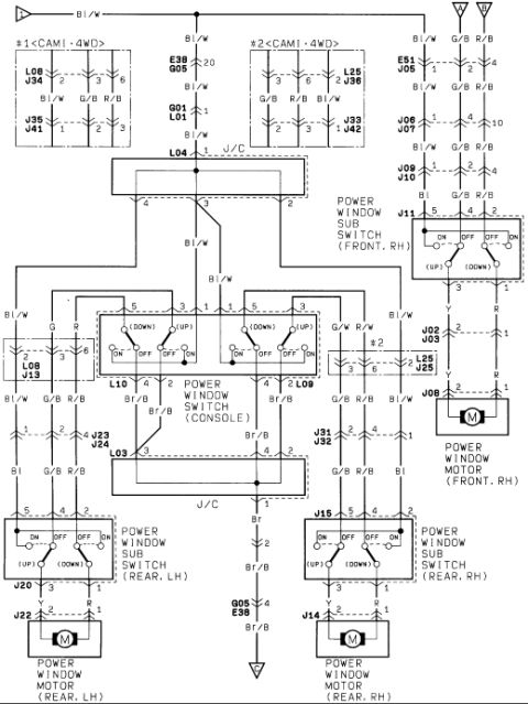 1986 Suzuki Samurai - Wiring diagram for power window system showing console and sub-switches, front and rear window motors, and color-coded circuits.