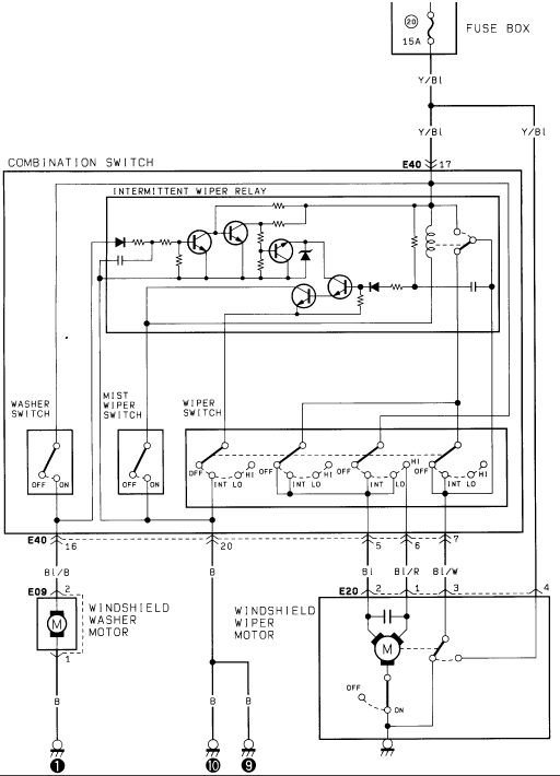 Windshield wiper and washer wiring diagram with intermittent wiper relay and combination switch