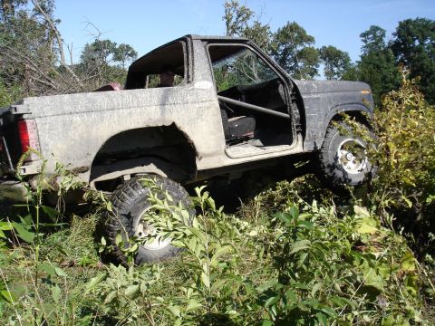 1979 Ford Bronco - Mud-covered 1979 Ford Bronco with roll cage and removed doors navigates through dense brush.