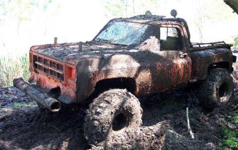 1979 Ford F-150 - This heavily modified pickup truck is stuck deep in the mud, showing off its off-road capabilities.