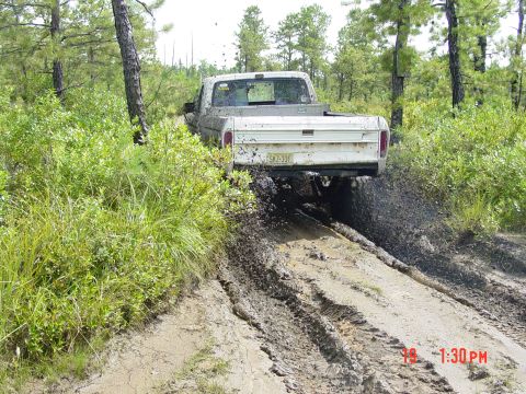 1995 Dodge 1500 - A white pickup truck navigates a muddy trail, kicking up dirt and water.