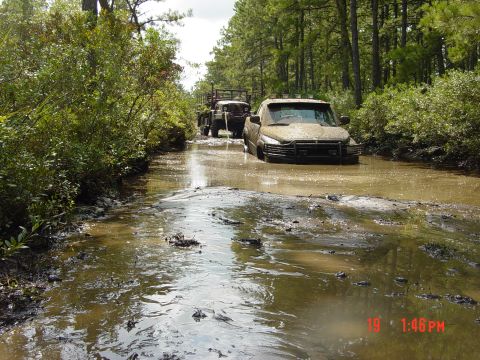 1995 Dodge 1500 - A 1995 Dodge 1500 is stuck in a muddy water-filled path, with another truck following behind.