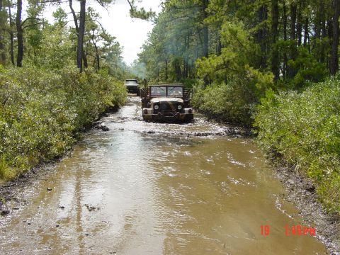 1995 Dodge 1500 - Military trucks navigate a water-filled, muddy path surrounded by dense trees.