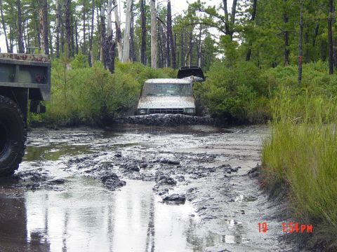 1995 Dodge 1500 - Multiple off-road vehicles are stuck in deep mud on a forest trail.