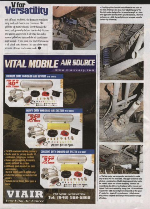 1984 Ford Bronco - Article detailing the Ford Bronco's versatility and off-road capabilities, images of its chassis and suspension.