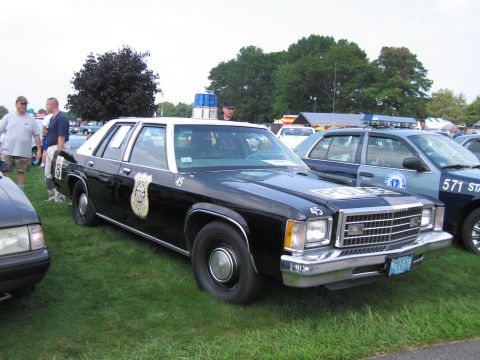 2001 Ford Crown Victoria - A black and white police car is parked on grass, with another police car visible to its right.