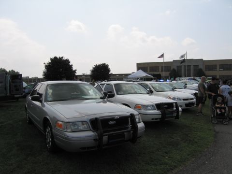 2001 Ford Crown Victoria - A line of police vehicles, including a silver Crown Victoria and several white ones, are parked on a grassy area.