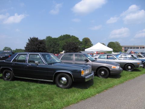 2001 Ford Crown Victoria - Several police cars, including a dark blue 2001 Ford Crown Victoria, are lined up on a grassy field under a blue sky.