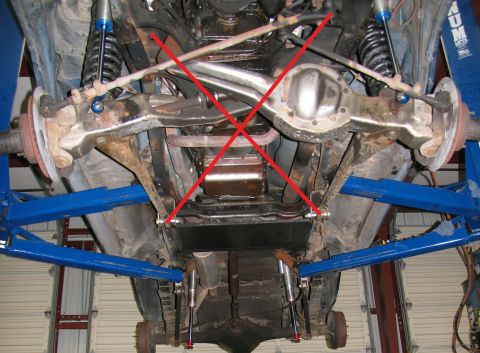 1984 Ford Bronco - Undercarriage view of a vehicle on a lift, with suspension and drivetrain components visible. Red X marks are overlaid.