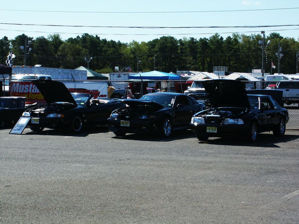 Three black Ford Mustangs with hoods open at a car show