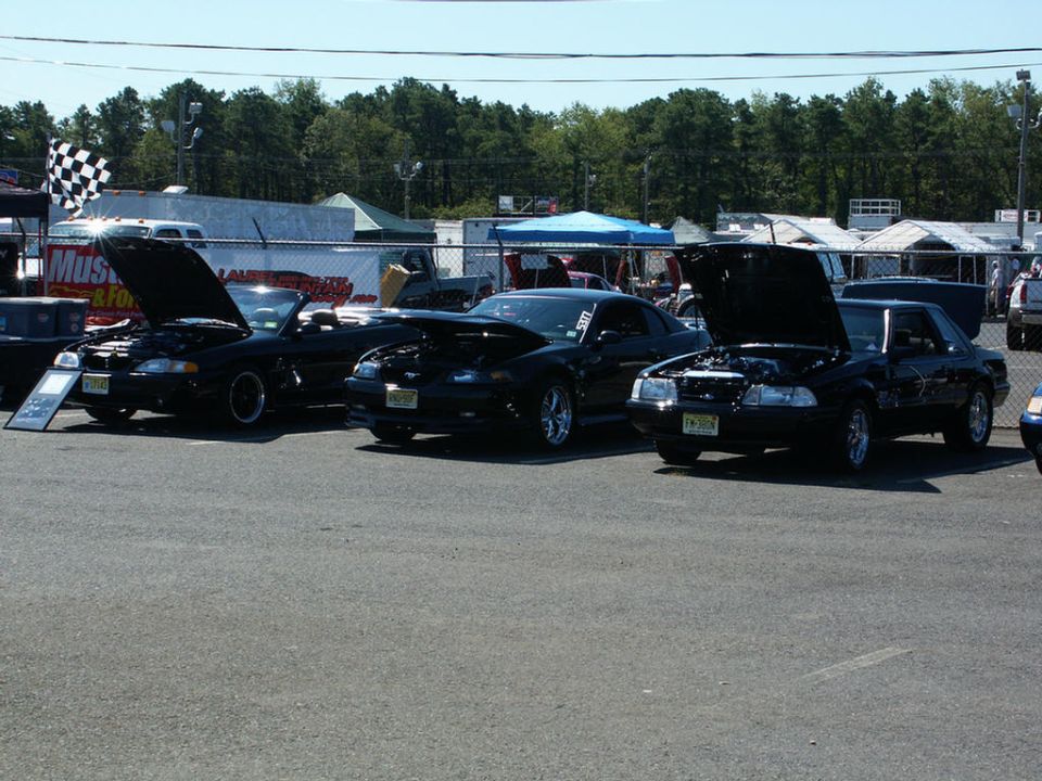 Three black Ford Mustangs with hoods open, parked at an outdoor event