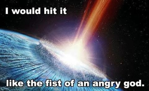 1994 Ford Probe - A dramatic depiction of an asteroid impact on Earth, with text overlay.