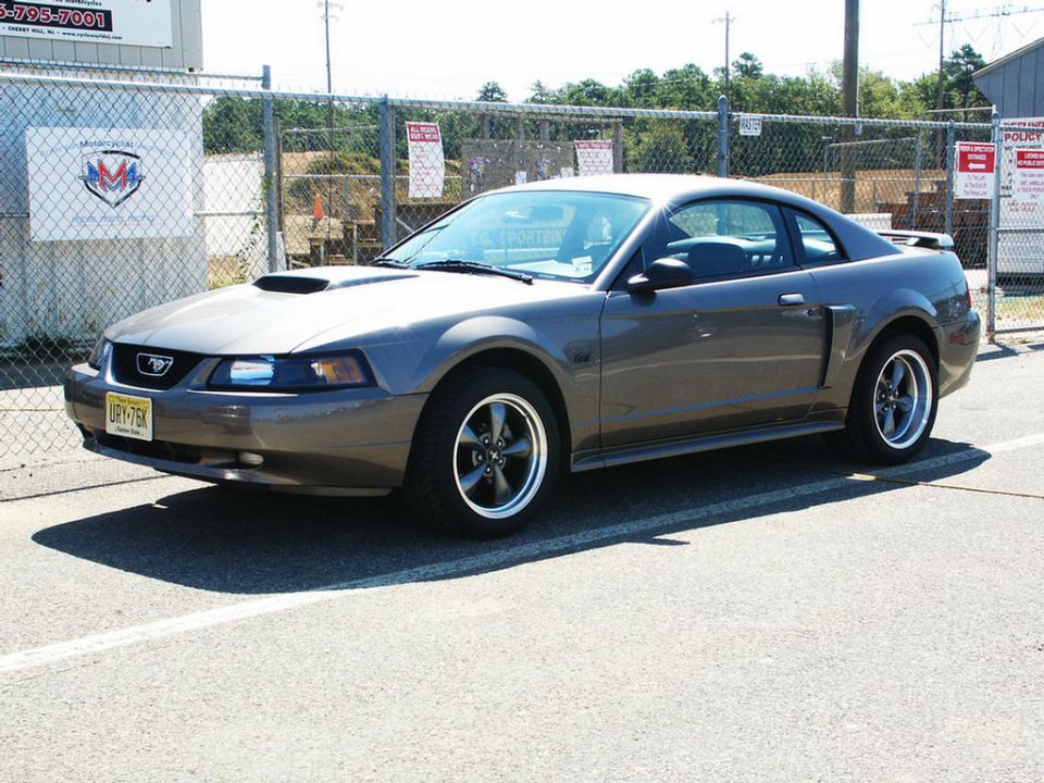 Gray coupe with hood scoop and spoiler. New Jersey license plate