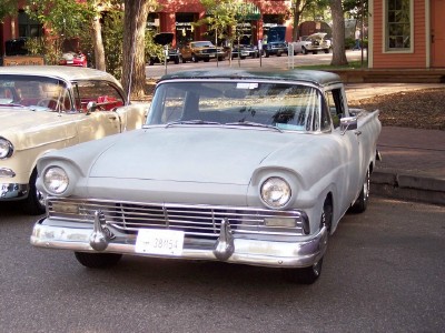 1972 Ford Ranchero - A light gray 1957 Ford Ranchero is parked next to another vintage car.