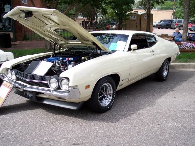 1972 Ford Ranchero - Cream 1970 Ford Torino GT parked outside with hood open.