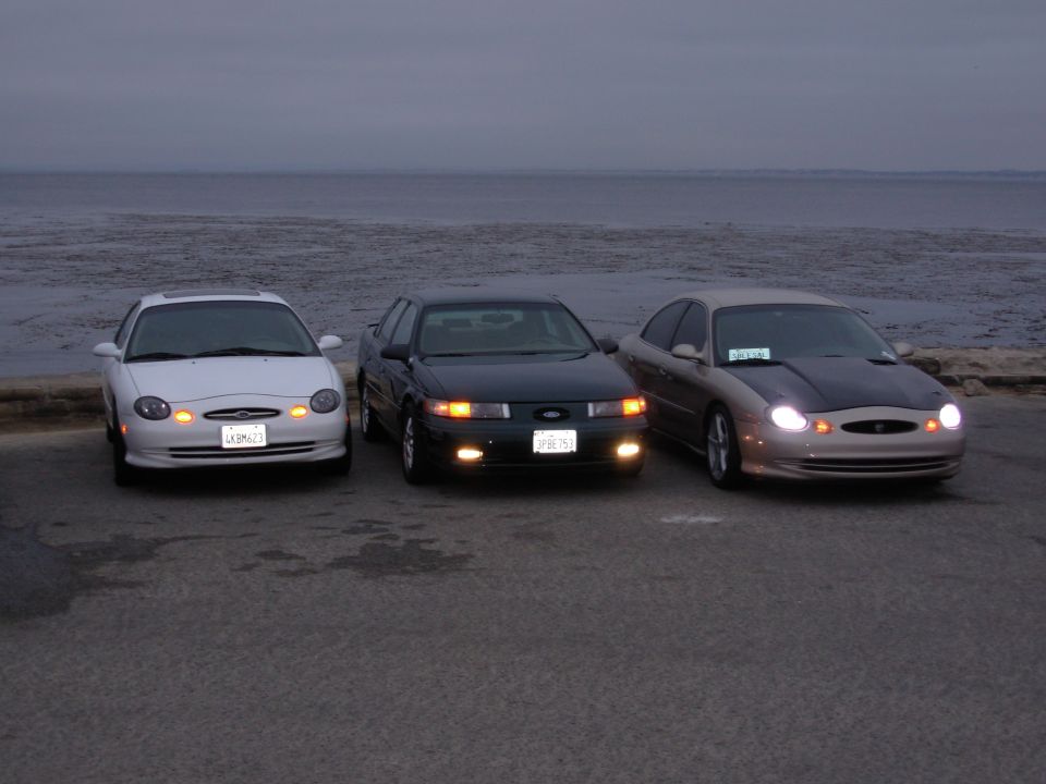 Three 1995 Ford Taurus sedans parked by the ocean, front view
