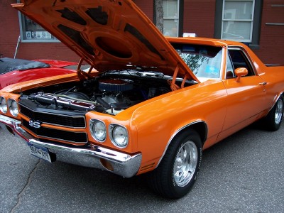 1972 Ford Ranchero - 1972 Ford Ranchero SS, hood up, engine exposed. Classic American muscle car.