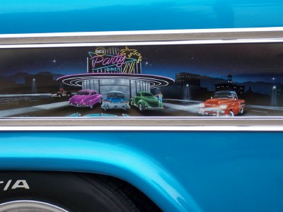 1972 Ford Ranchero - Mural depicts a 1950s diner scene with several classic cars under a starry night sky.