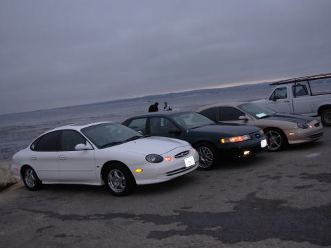 1995 Ford Taurus - Multiple Ford Tauruses are parked in a row near the water under a cloudy sky.