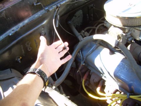 1971 Ford F-100 - Checking the oil level in the engine bay of a 1971 Ford F-100.