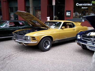 1972 Ford Ranchero - Gold 1970 Ford Mustang Mach 1 and other classic Fords on display.