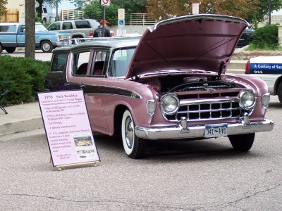 1972 Ford Ranchero - 1956 Nash Rambler Cross Country Station Wagon displayed with its hood open.