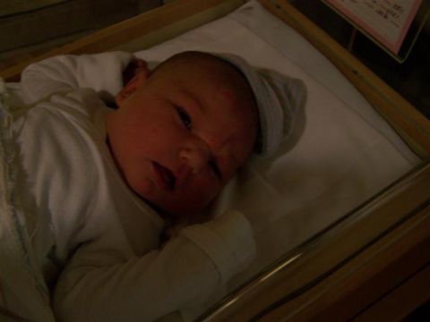 1995 Ford Bronco - A newborn baby rests in a bassinet, with a document visible in the background.